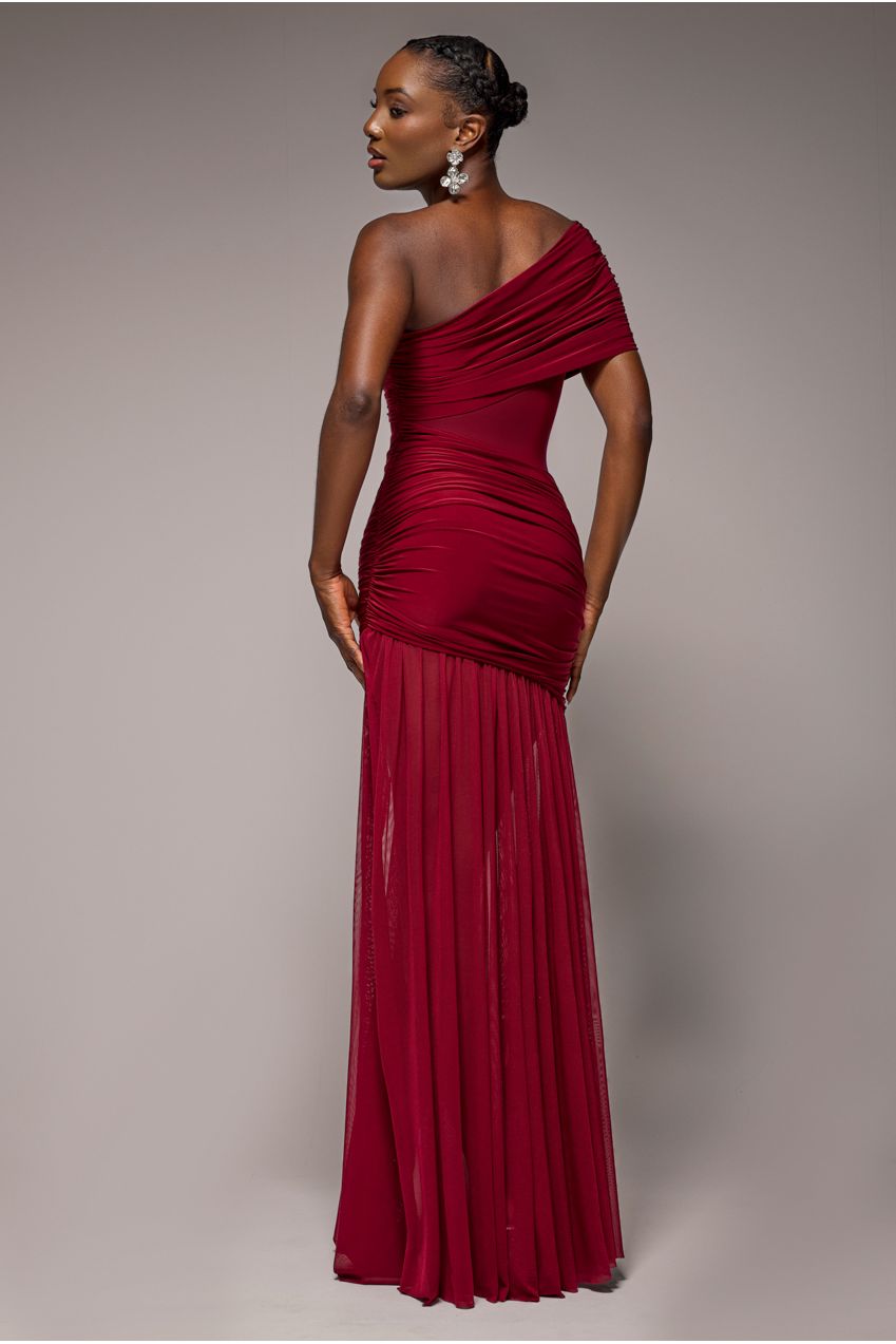 Gathered One Shoulder Sheer Panel Maxi Dress - Wine DR4828