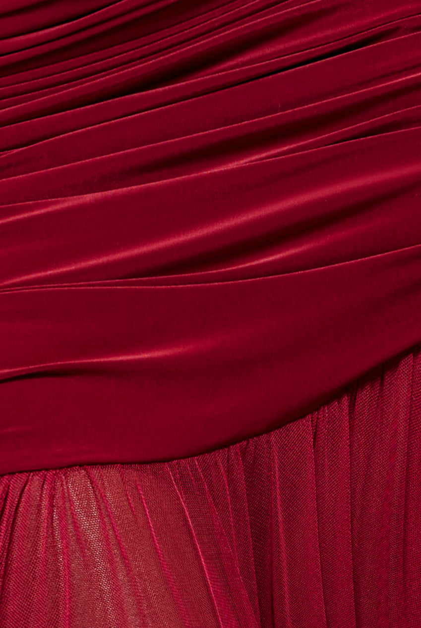 Gathered One Shoulder Sheer Panel Maxi Dress - Wine DR4828