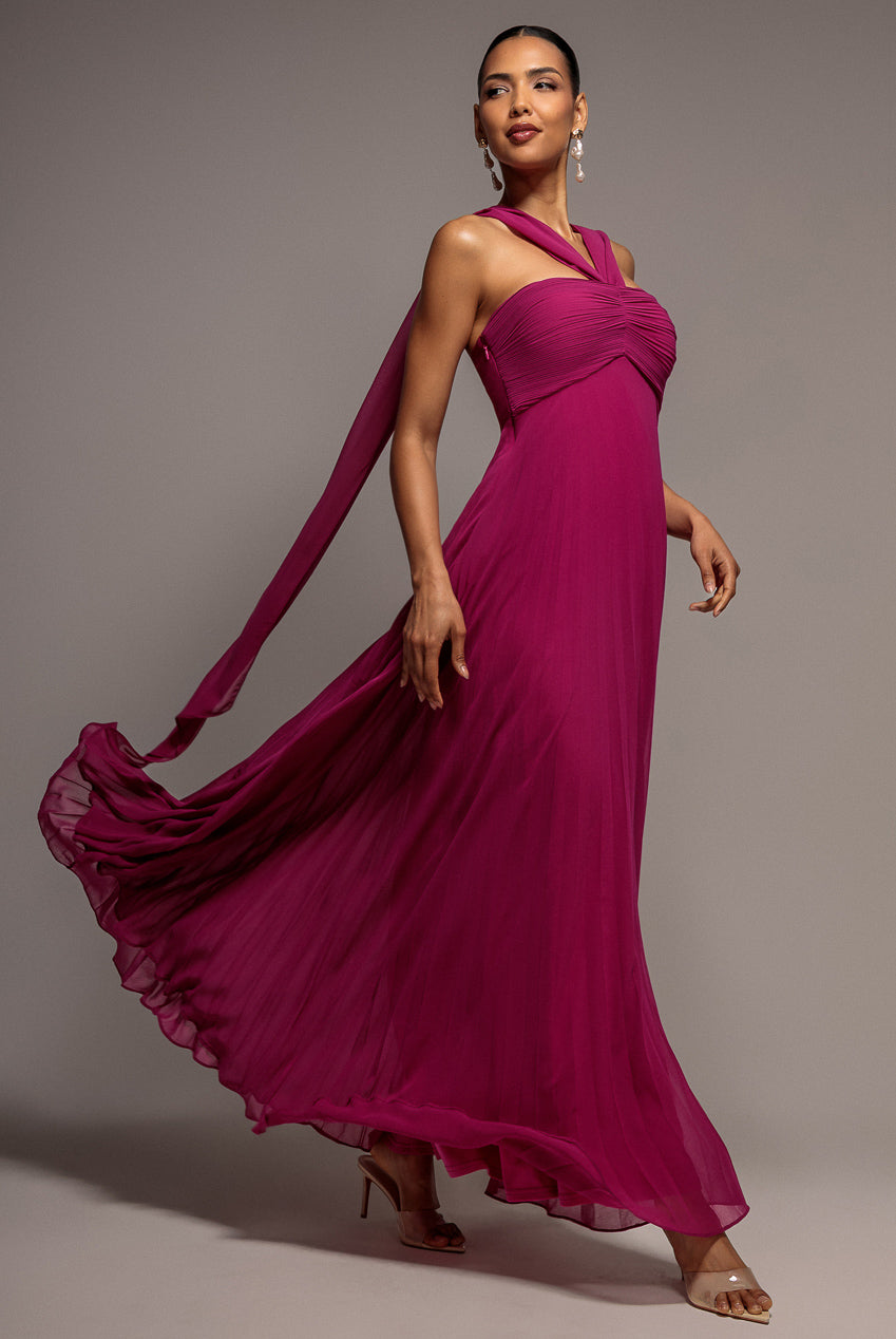 Sleeveless Pleated Chiffon Multiway Scarf Maxi Dress - Magenta DR4829