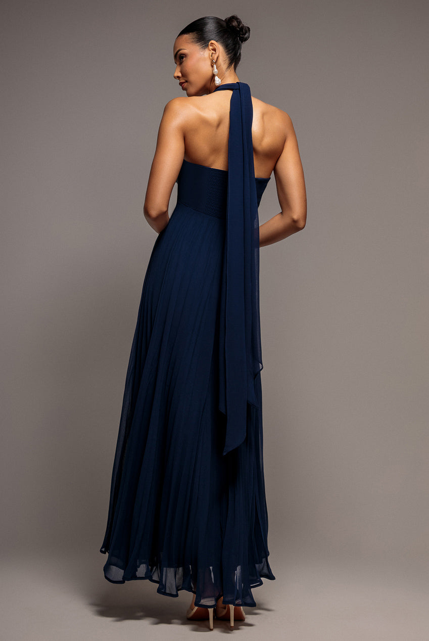 Sleeveless Pleated Chiffon Multiway Scarf Maxi Dress - Navy Blue DR4829