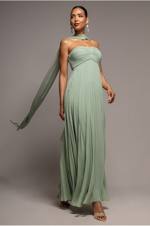 Sleeveless Pleated Chiffon Multiway Scarf Maxi Dress - Sage Green by Goddiva