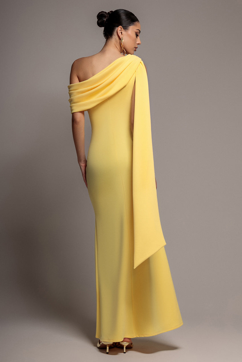 Sash One Shoulder Bardot Maxi Dress - Butter Yellow DR4830
