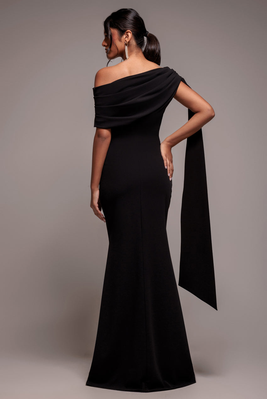 Sash One Shoulder Bardot Maxi Dress - Black DR4830