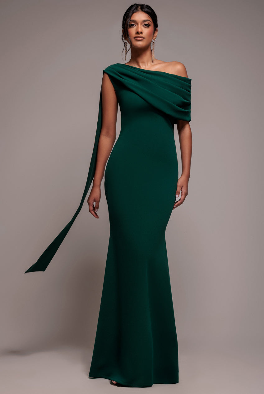 Sash One Shoulder Bardot Maxi Dress - Emerald Green DR4830