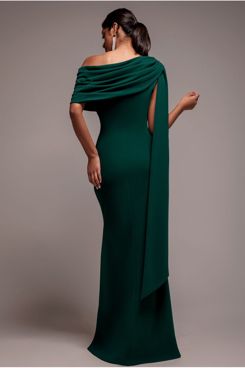 Sash One Shoulder Bardot Maxi Dress - Emerald Green DR4830