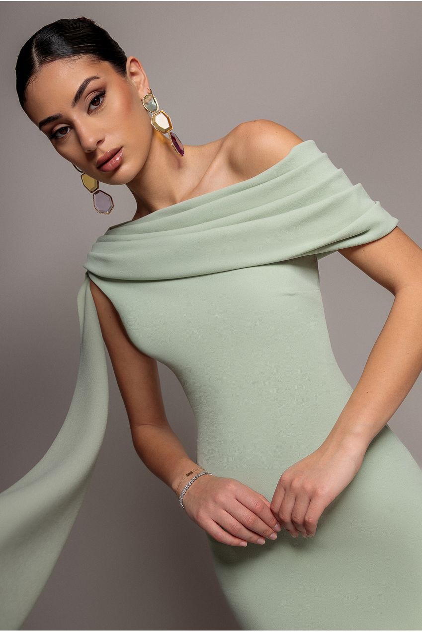 Sash One Shoulder Bardot Maxi Dress - Sage Green DR4830