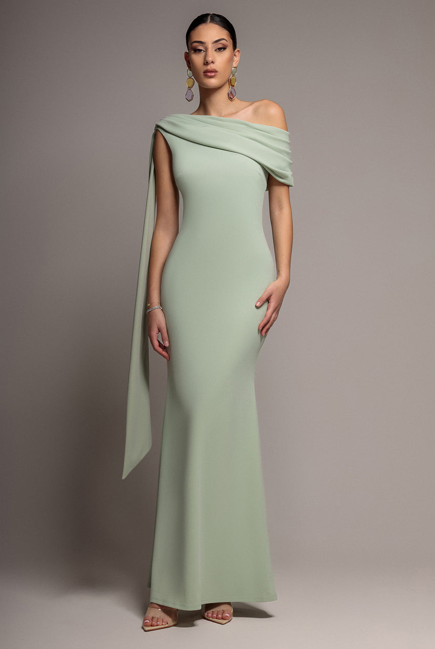 Sash One Shoulder Bardot Maxi Dress - Sage Green DR4830