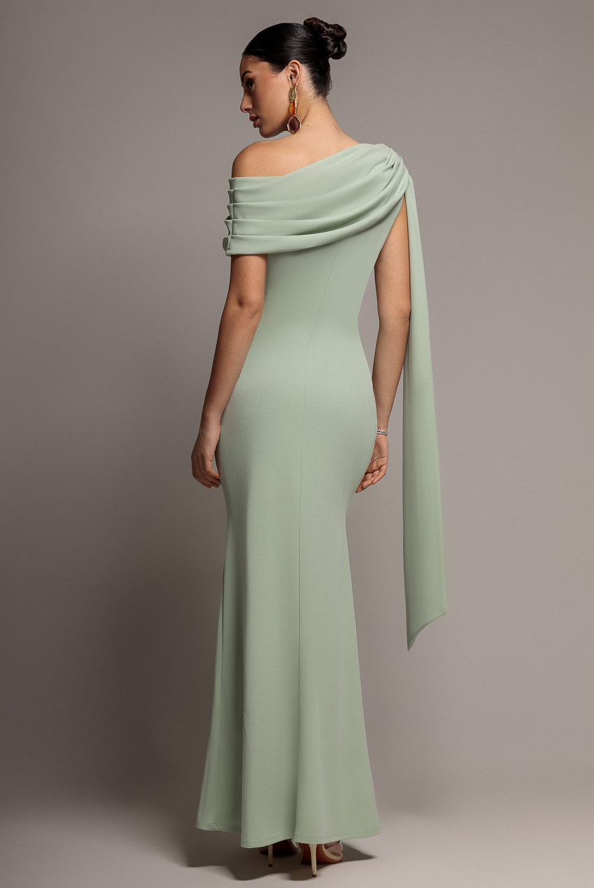 Sash One Shoulder Bardot Maxi Dress - Sage Green DR4830