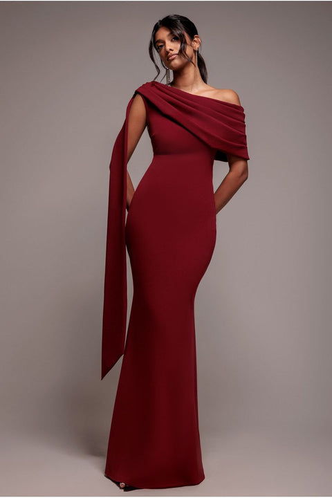 Sash One Shoulder Bardot Maxi Dress - Wine by Goddiva