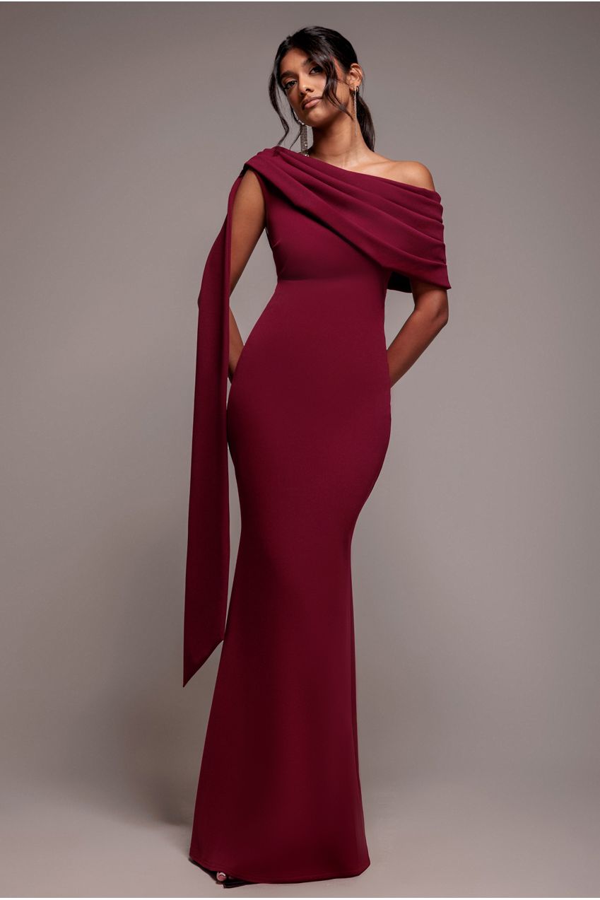 Sash One Shoulder Bardot Maxi Dress - Burgundy DR4830