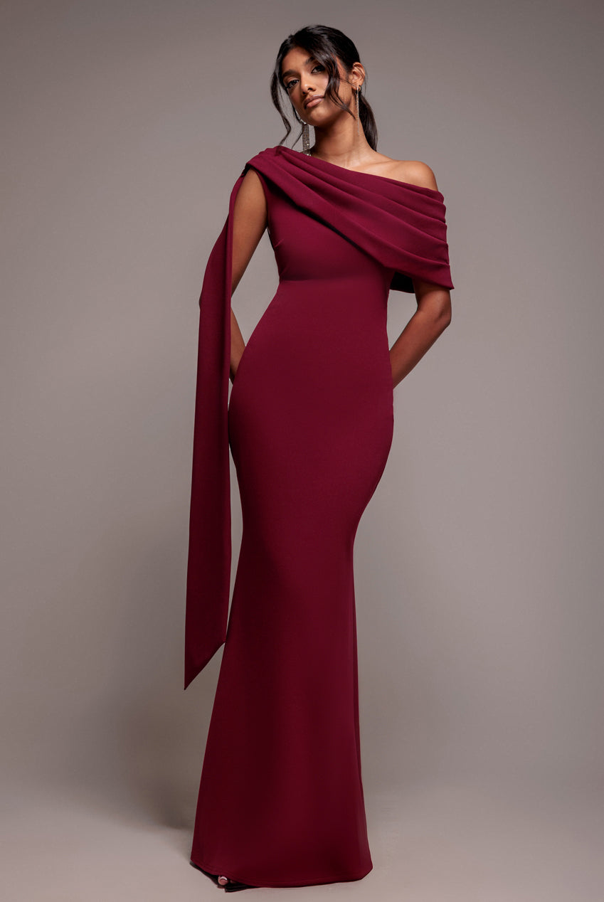 Sash One Shoulder Bardot Maxi Dress - Burgundy DR4830