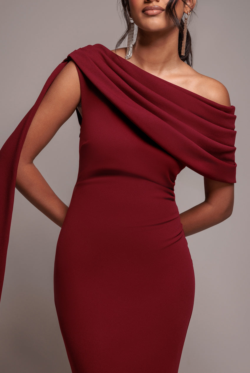 Sash One Shoulder Bardot Maxi Dress - Wine DR4830