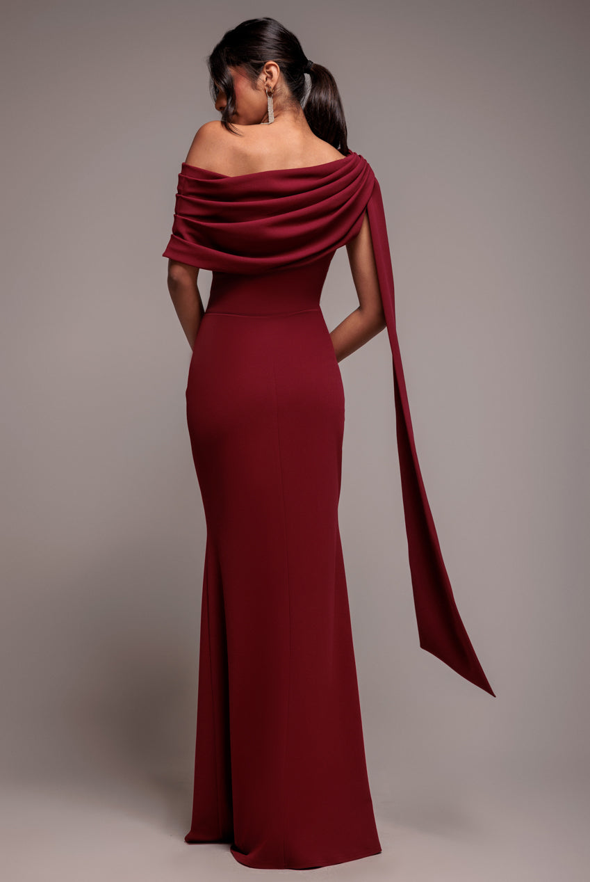 Sash One Shoulder Bardot Maxi Dress - Wine DR4830