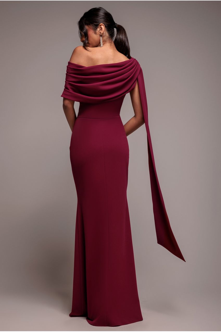 Sash One Shoulder Bardot Maxi Dress - Burgundy DR4830