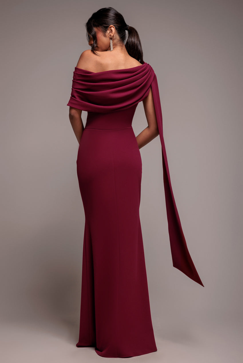 Sash One Shoulder Bardot Maxi Dress - Burgundy DR4830