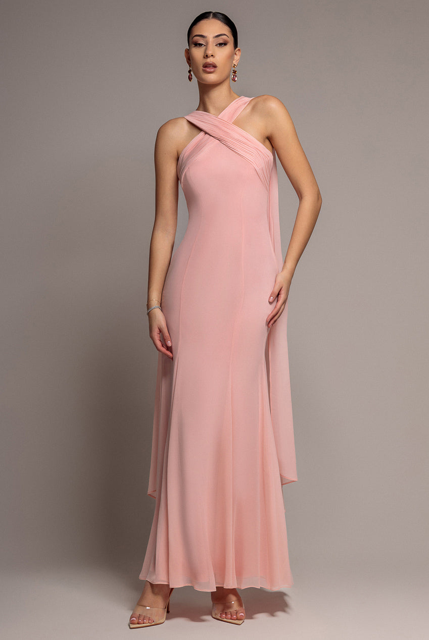 Cross Front Scarf Back Chiffon Mermaid Maxi Dress - Blush Pink DR4831