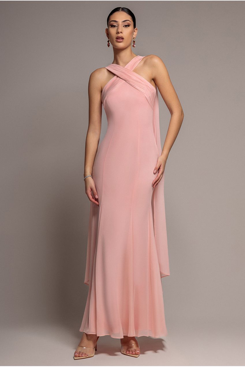 Cross Front Scarf Back Chiffon Mermaid Maxi Dress - Blush Pink DR4831