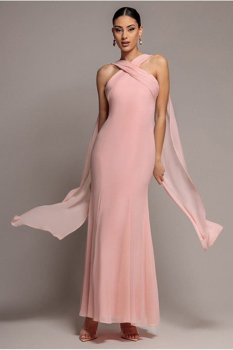 Cross Front Scarf Back Chiffon Mermaid Maxi Dress - Blush Pink by Goddiva