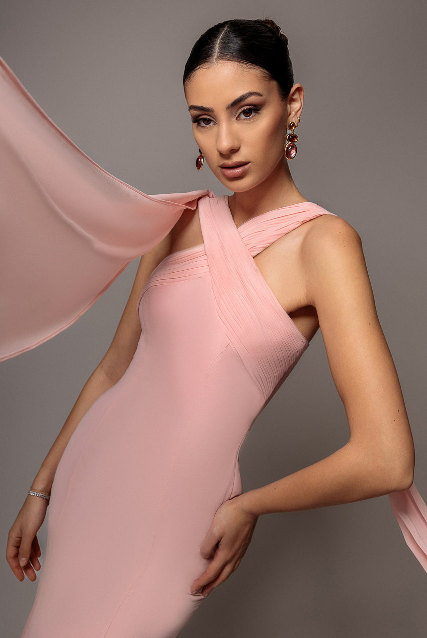 Cross Front Scarf Back Chiffon Mermaid Maxi Dress - Blush Pink DR4831