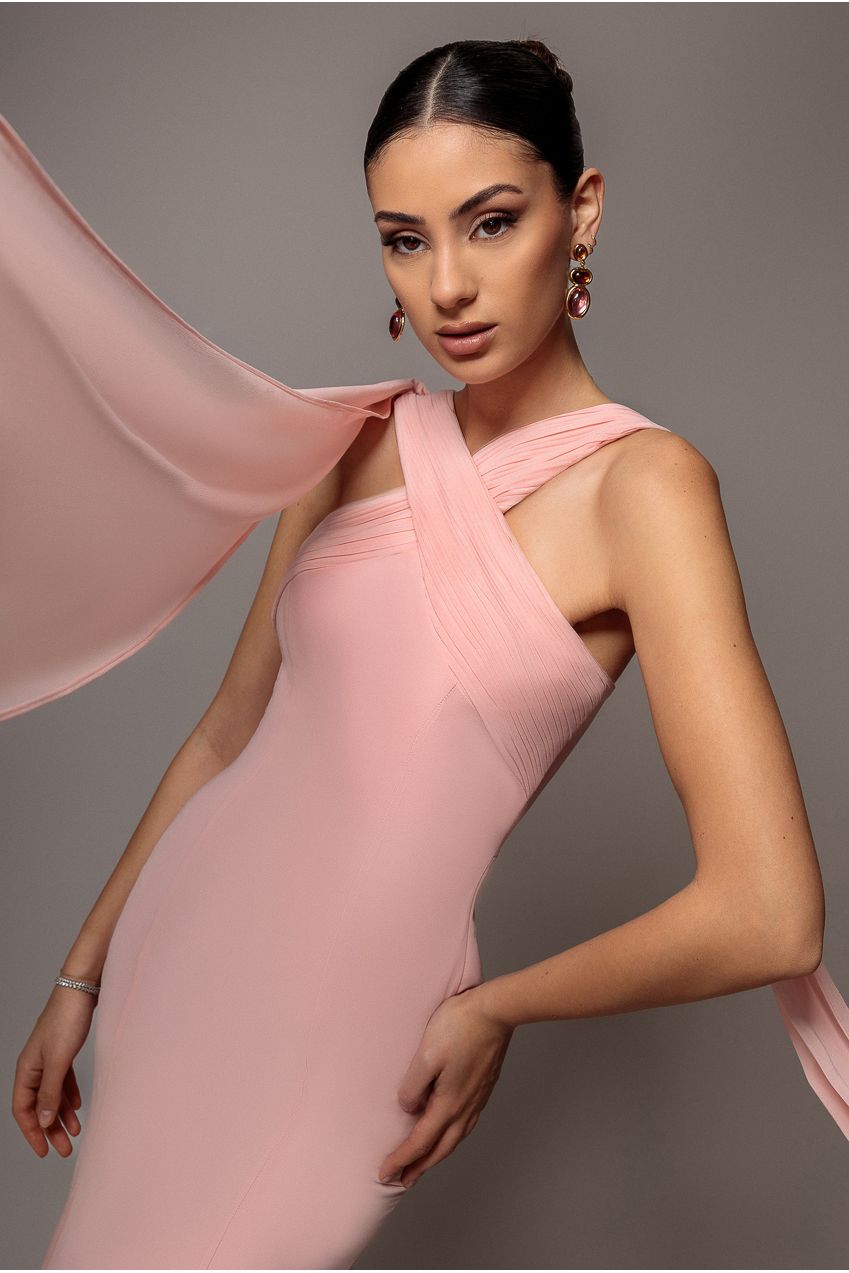 Cross Front Scarf Back Chiffon Mermaid Maxi Dress - Blush Pink DR4831
