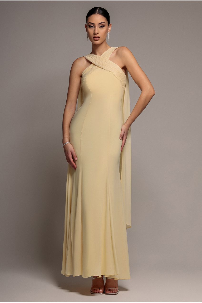 Cross Front Scarf Back Chiffon Mermaid Maxi Dress - Butter Yellow DR4831
