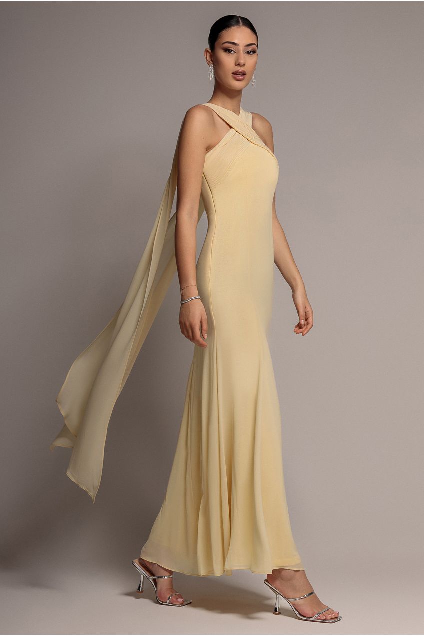 Cross Front Scarf Back Chiffon Mermaid Maxi Dress - Butter Yellow DR4831
