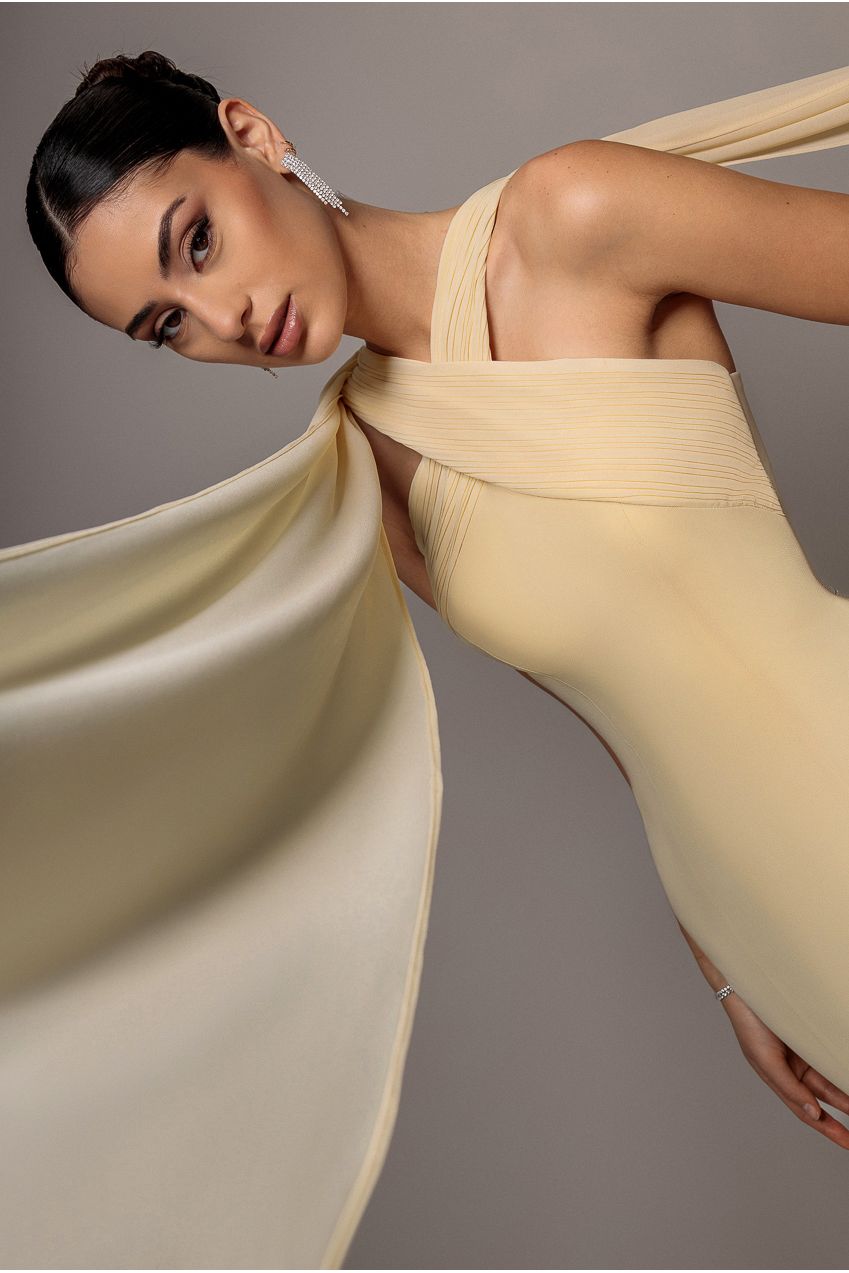 Cross Front Scarf Back Chiffon Mermaid Maxi Dress - Butter Yellow DR4831