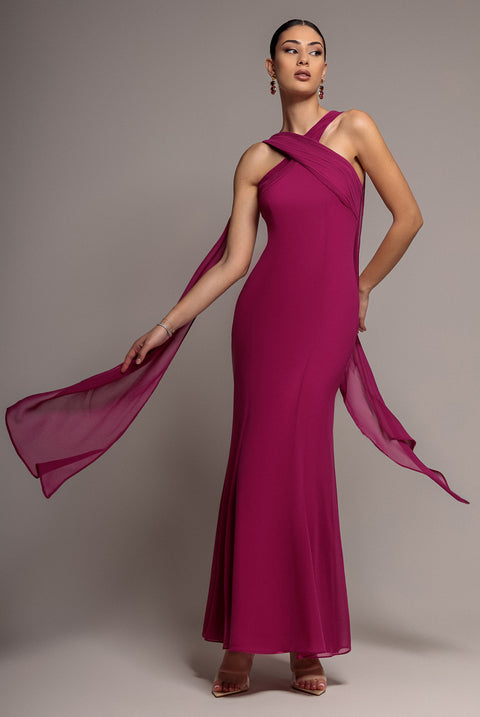 Cross Front Scarf Back Chiffon Mermaid Maxi Dress - Magenta by Goddiva