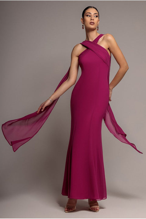 Cross Front Scarf Back Chiffon Mermaid Maxi Dress - Magenta by Goddiva