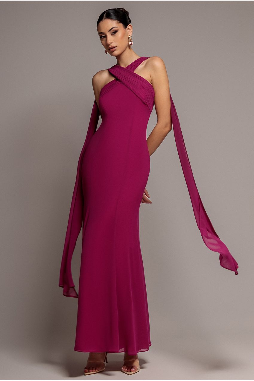 Cross Front Scarf Back Chiffon Mermaid Maxi Dress - Magenta DR4831