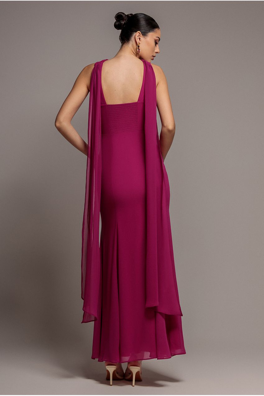 Cross Front Scarf Back Chiffon Mermaid Maxi Dress - Magenta DR4831