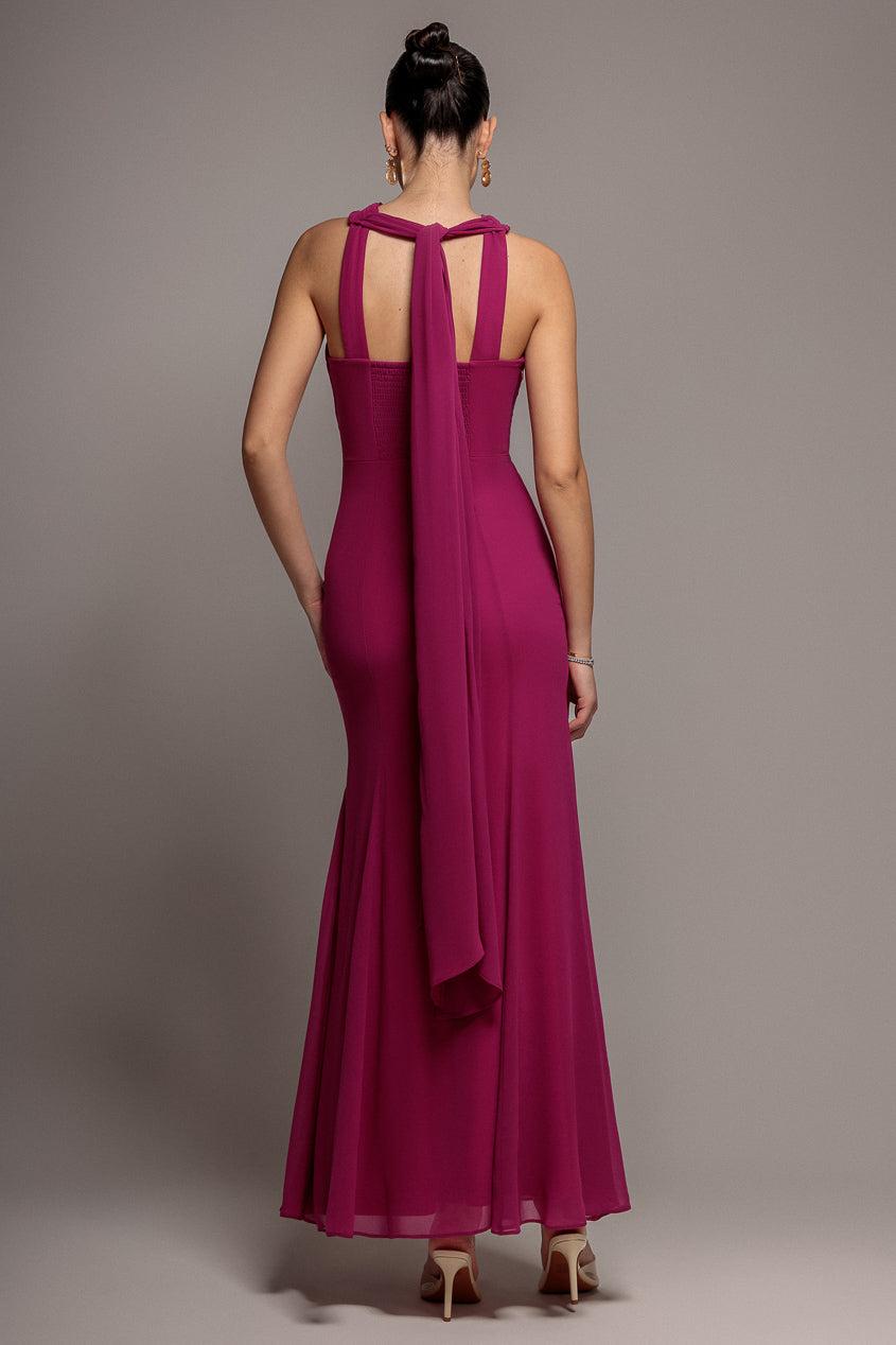 Cross Front Scarf Back Chiffon Mermaid Maxi Dress - Magenta DR4831