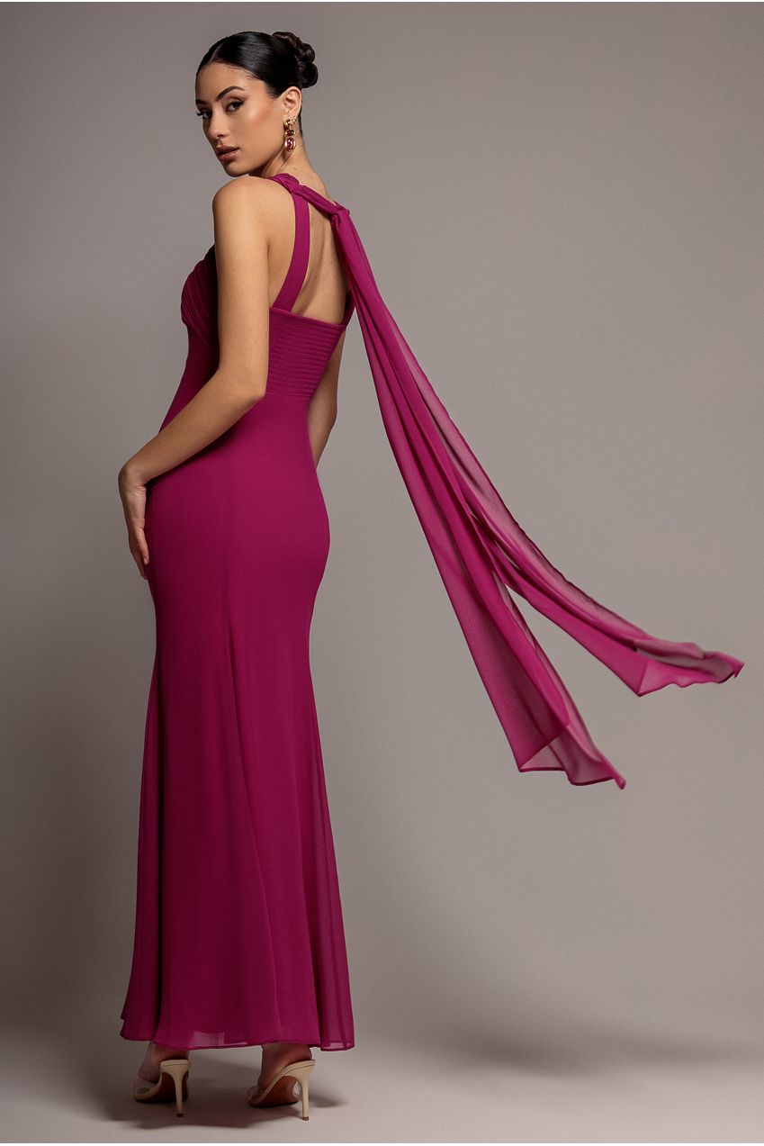 Cross Front Scarf Back Chiffon Mermaid Maxi Dress - Magenta DR4831