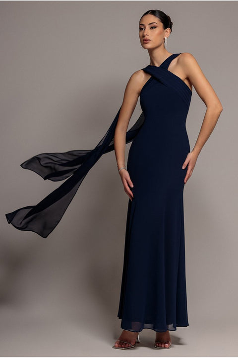 Cross Front Scarf Back Chiffon Mermaid Maxi Dress - Navy Blue by Goddiva