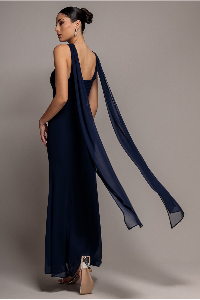 Cross Front Scarf Back Chiffon Mermaid Maxi Dress - Navy Blue DR4831
