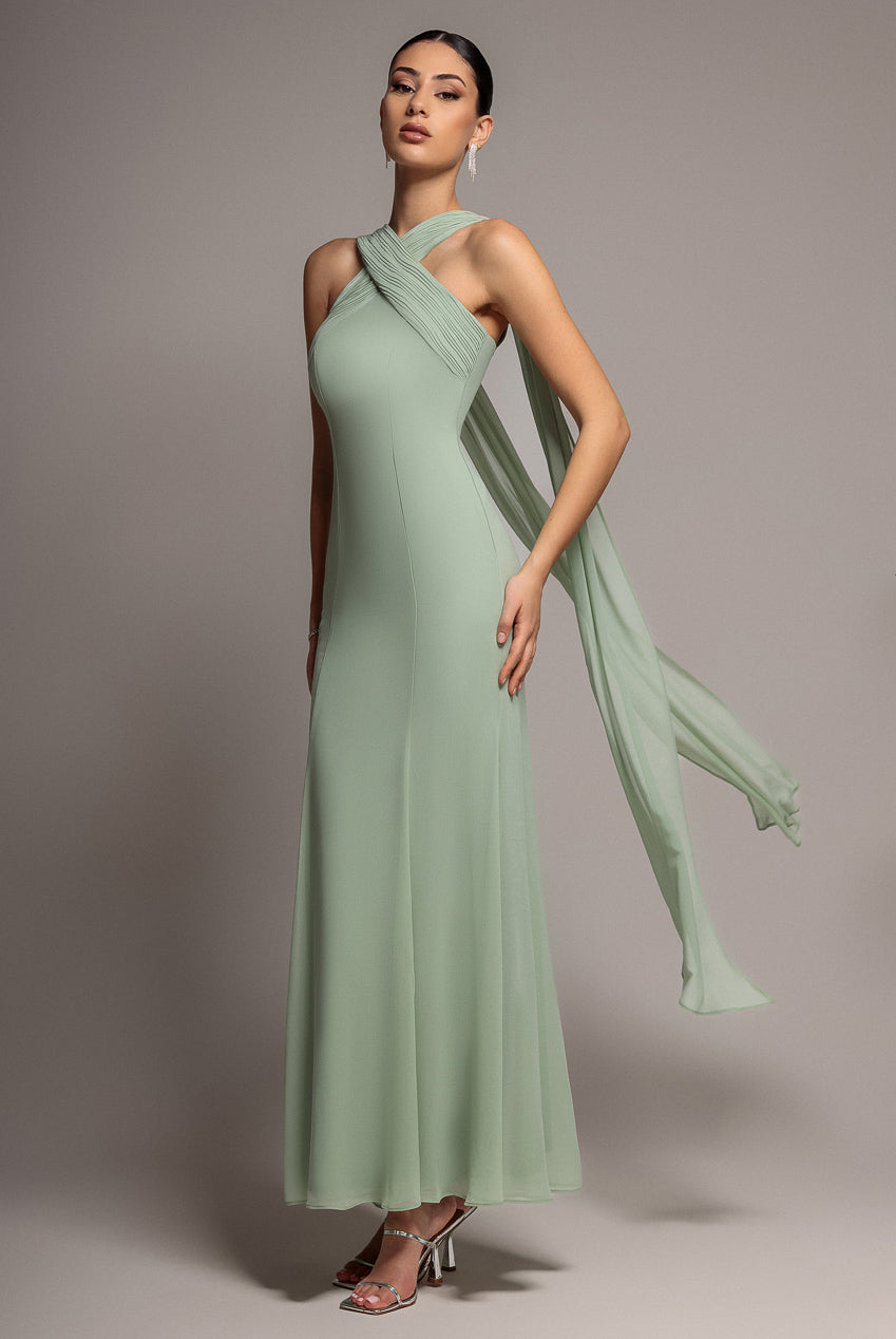 Cross Front Scarf Back Chiffon Mermaid Maxi Dress - Sage Green | Goddiva Cross Front Scarf Back Chiffon Mermaid Maxi Dress - Sage Green | Goddiva