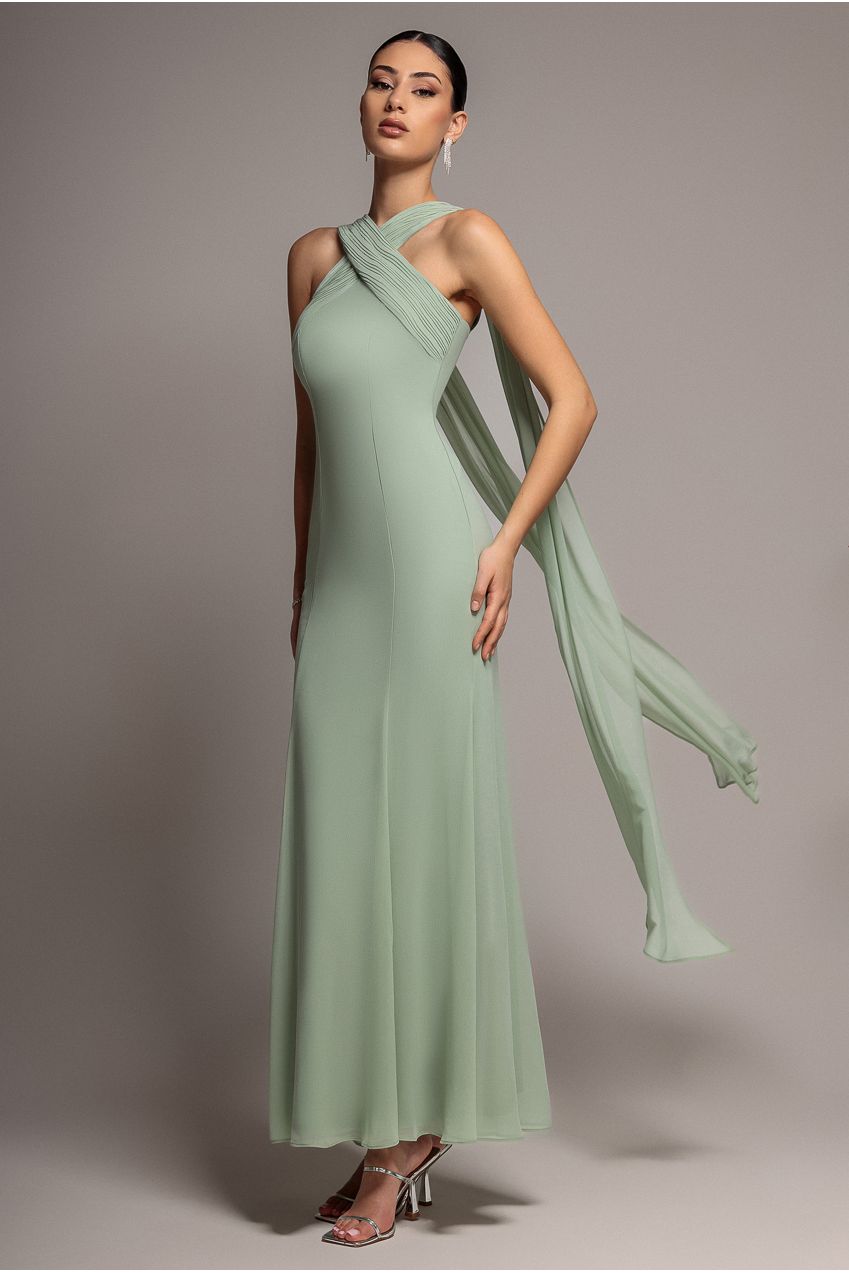 Cross Front Scarf Back Chiffon Mermaid Maxi Dress - Sage Green DR4831