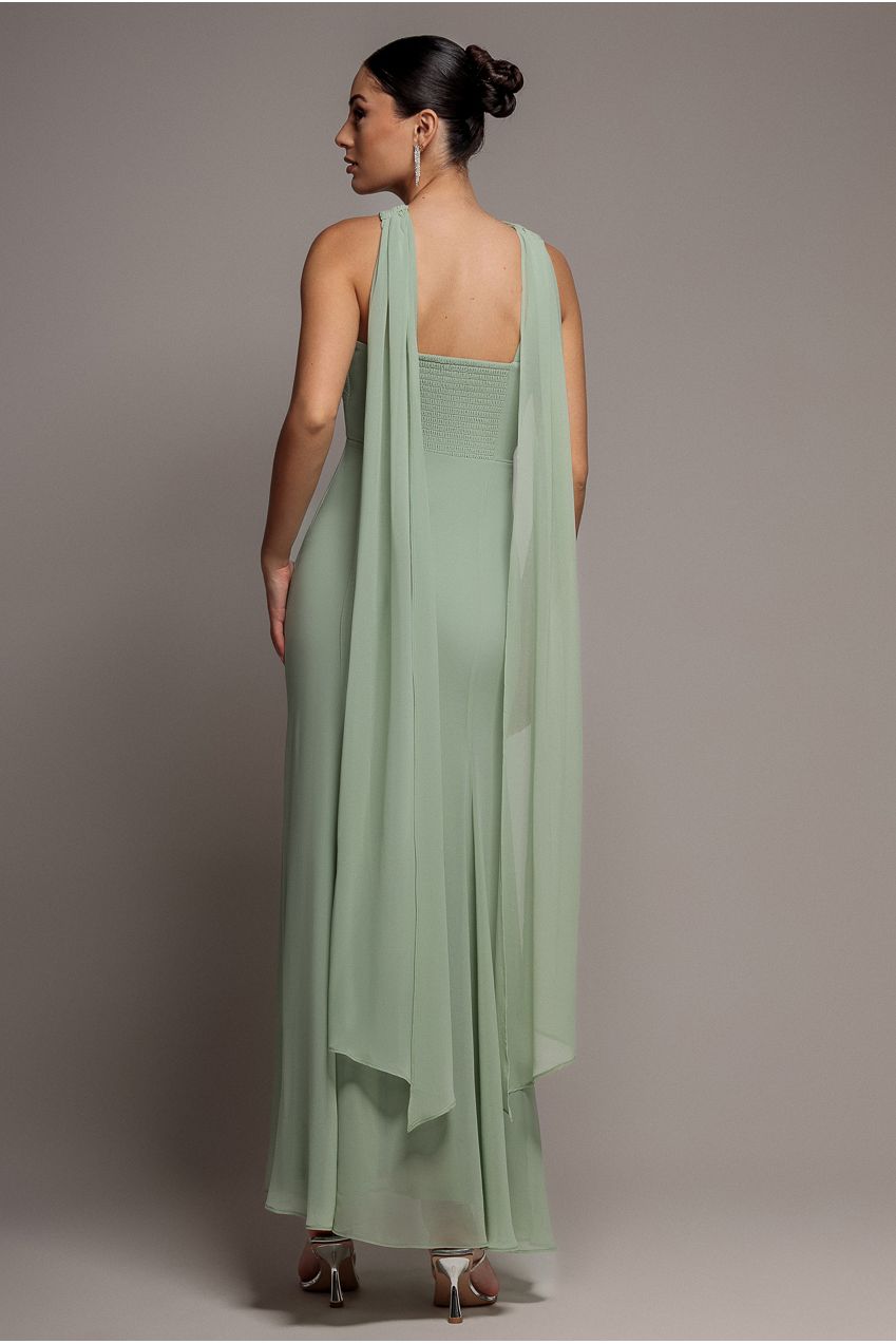 Cross Front Scarf Back Chiffon Mermaid Maxi Dress - Sage Green DR4831