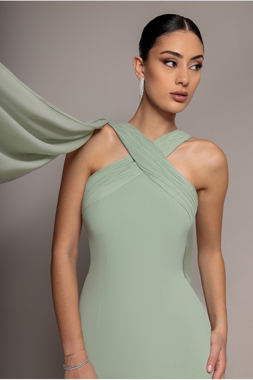 Cross Front Scarf Back Chiffon Mermaid Maxi Dress - Sage Green DR4831