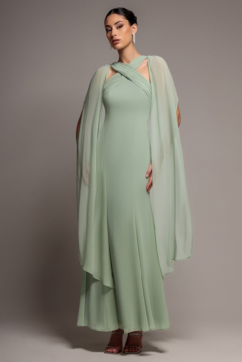 Cross Front Scarf Back Chiffon Mermaid Maxi Dress - Sage Green DR4831