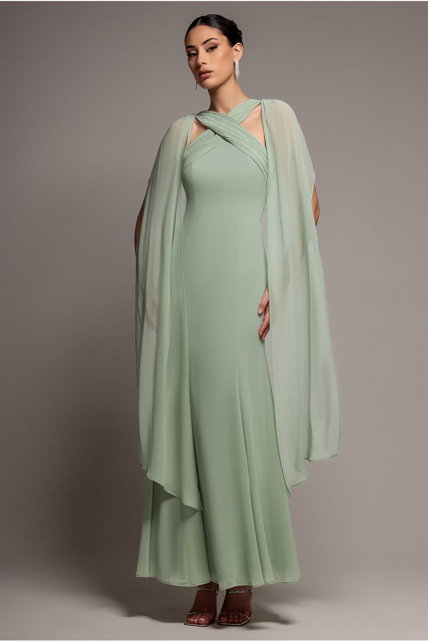 Cross Front Scarf Back Chiffon Mermaid Maxi Dress - Sage Green DR4831