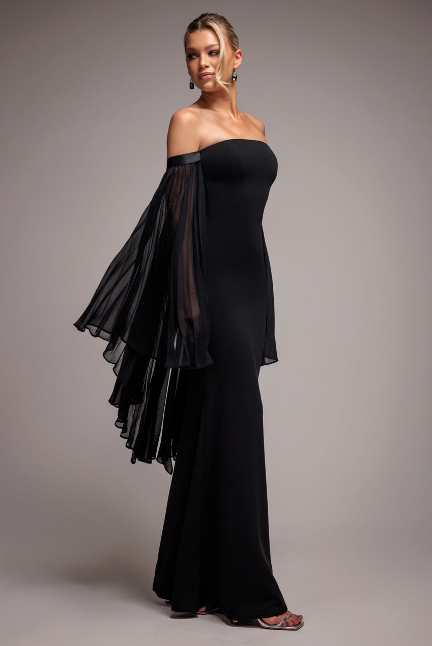 Strapless Maxi Dress With Pleated Chiffon Cape - Black DR4832