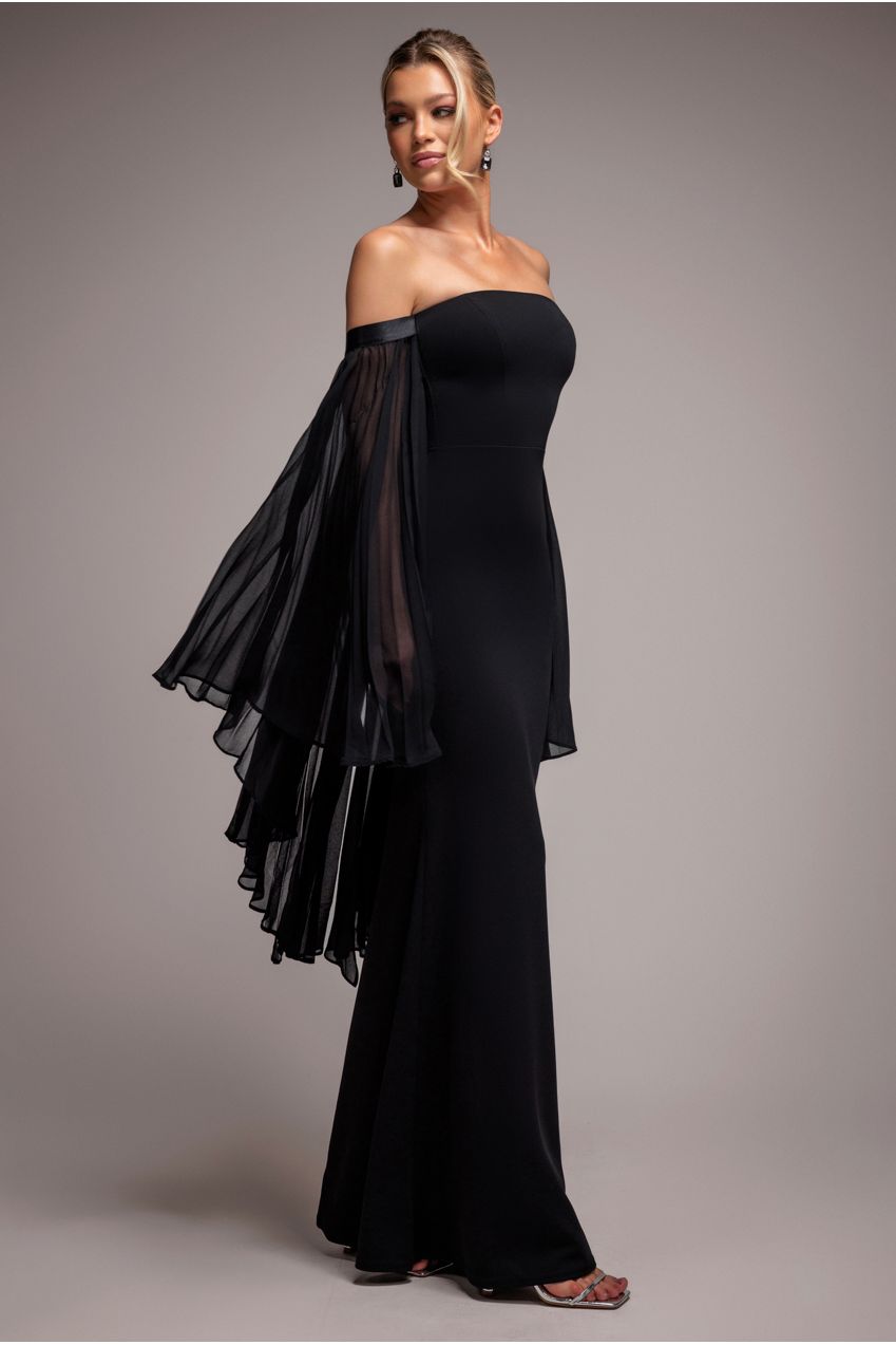 Strapless Maxi Dress With Pleated Chiffon Cape - Black DR4832