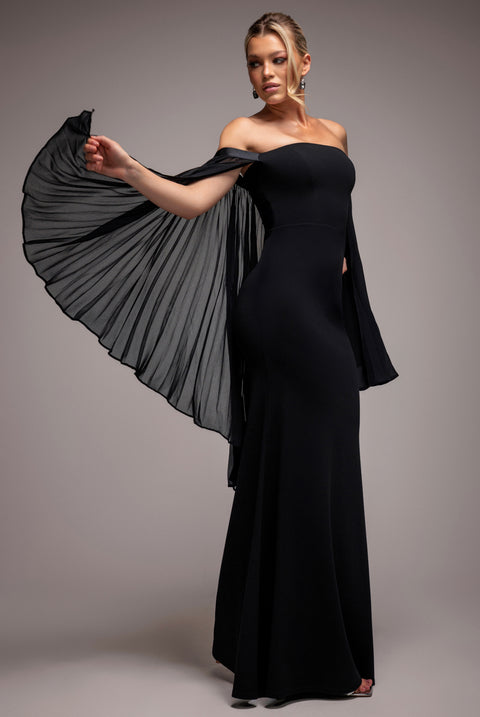 Strapless Maxi Dress With Pleated Chiffon Cape - Black by Goddiva