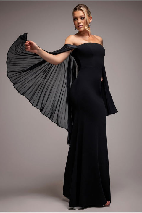 Strapless Maxi Dress With Pleated Chiffon Cape - Black by Goddiva