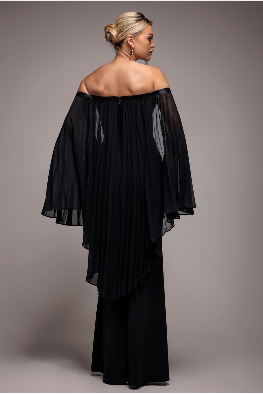 Strapless Maxi Dress With Pleated Chiffon Cape - Black DR4832