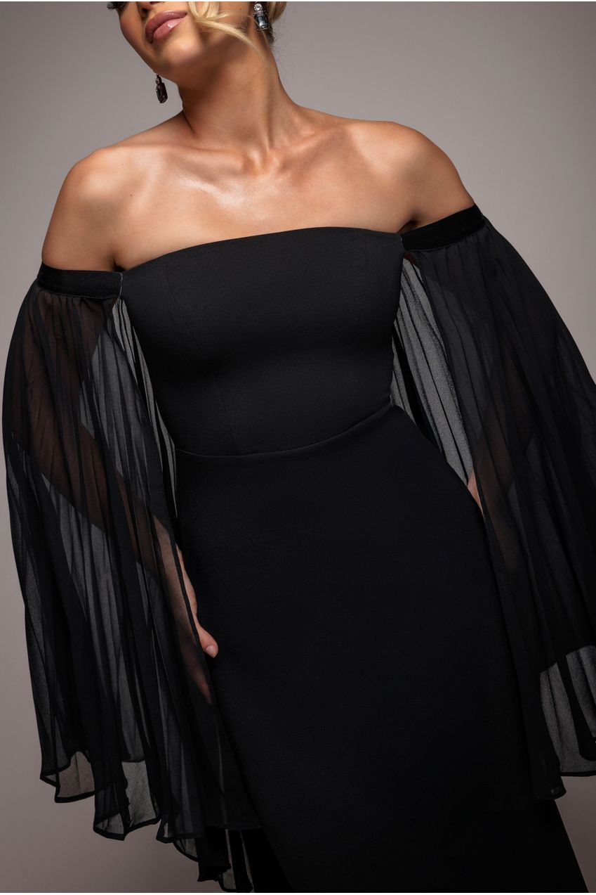Strapless Maxi Dress With Pleated Chiffon Cape - Black DR4832