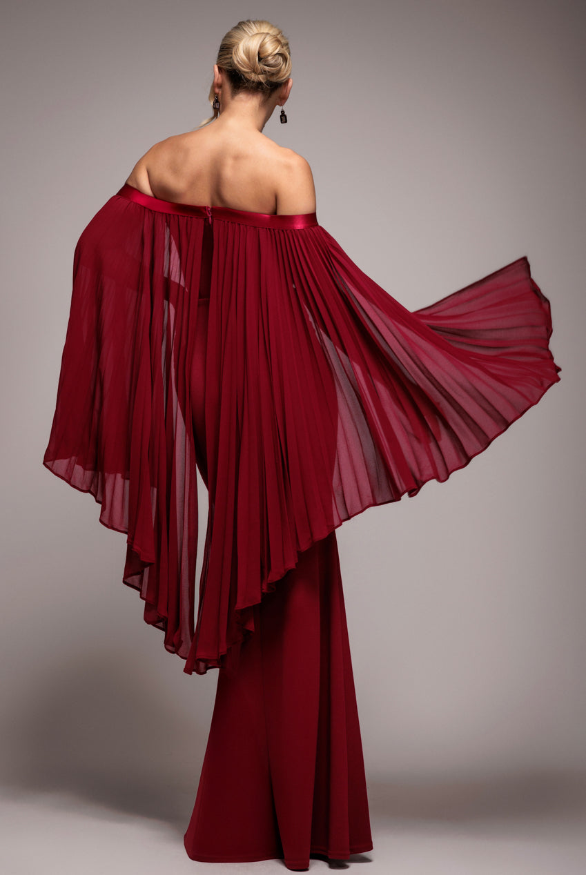 Strapless Maxi Dress With Pleated Chiffon Cape - Burgundy DR4832
