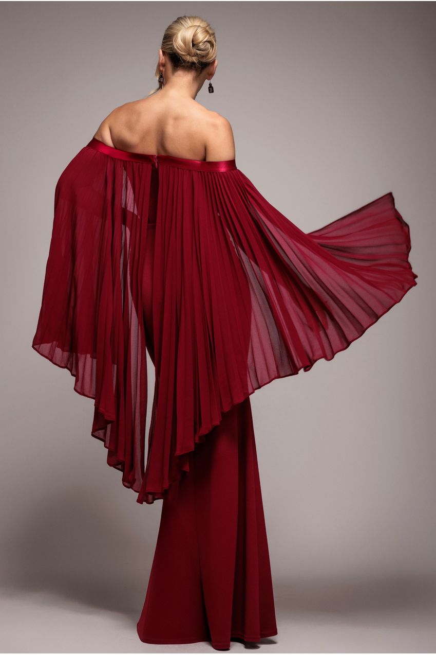 Strapless Maxi Dress With Pleated Chiffon Cape - Burgundy DR4832