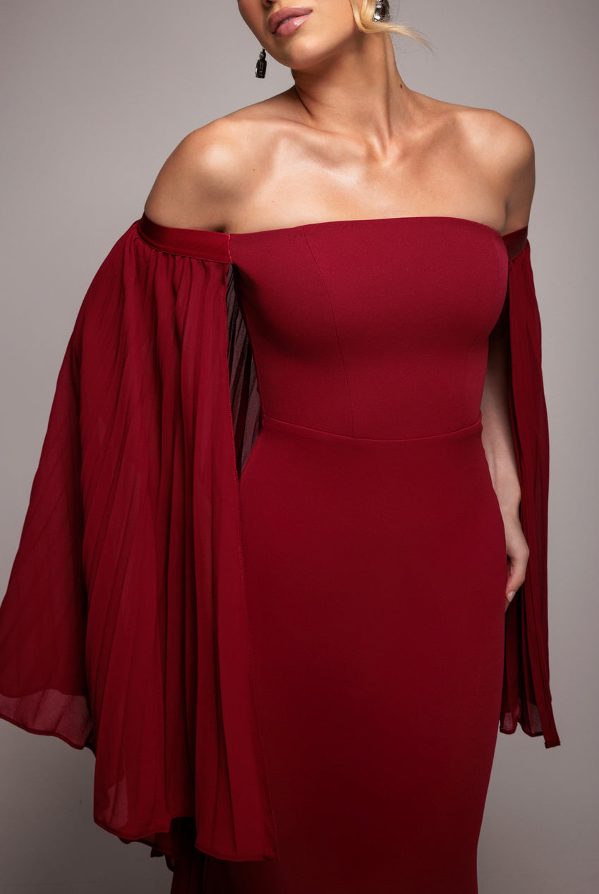 Boob Tube Maxi Dress With Pleated Chiffon Cape - Burgundy DR4832